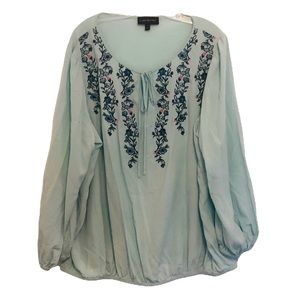 Lane Bryant Blue Floral Embroidered Long Sleeve Top 24W